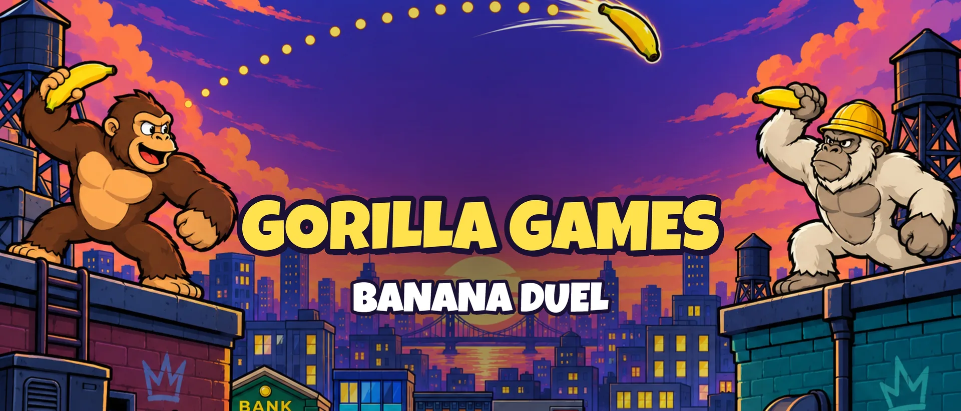 Gorilla Games: Muz Düellosu — gün batımında şehrin iki yanından muz fırlatan iki goril