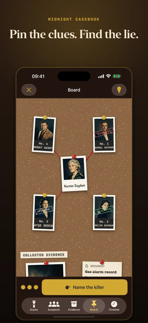 Midnight Casebook screenshot: Pin the clues. Find the lie.